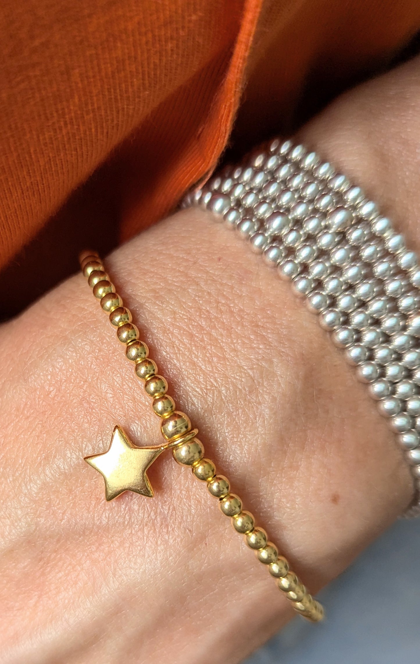 Yellow Gold Star Beaded Bracelet With Love Jewellery UK