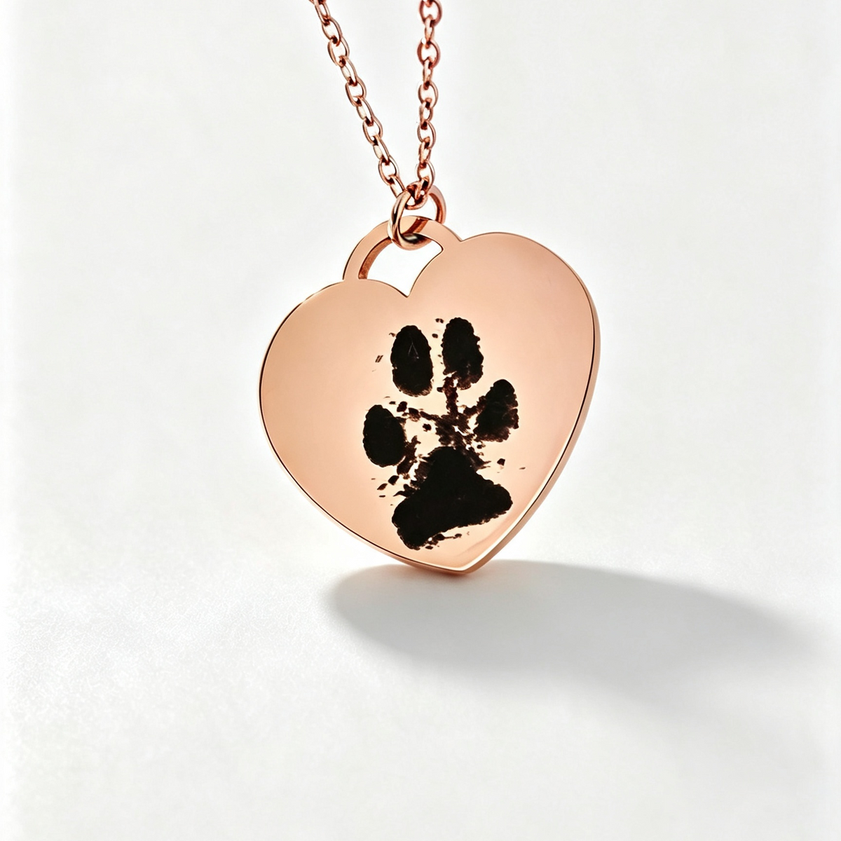 A rose gold heart-shaped pendant necklace with a black paw print design, hanging from a matching rose gold chain against a clean white background.