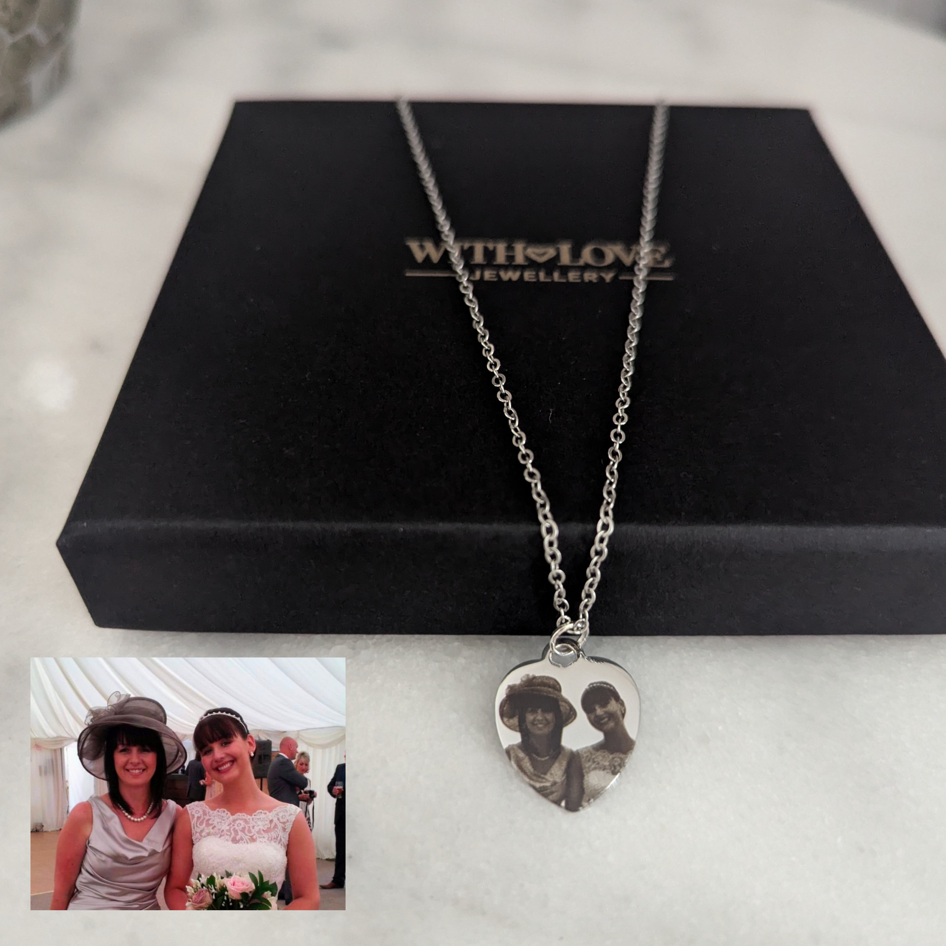 Necklace with a heart-shaped pendant on a box labeled 'WITHLOVE JEWELLERY'.