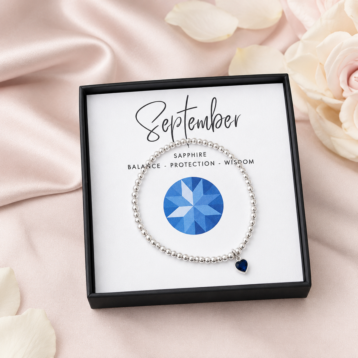 Sterling Silver September Sapphire Heart Birthstone Stretch Bracelet