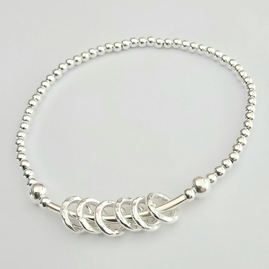 Sterling Silver Noodle Rings Milestone Birthday Bracelet (20th, 30th, 40th, 50th, 60th, 70th, 80th or 90th birthday)