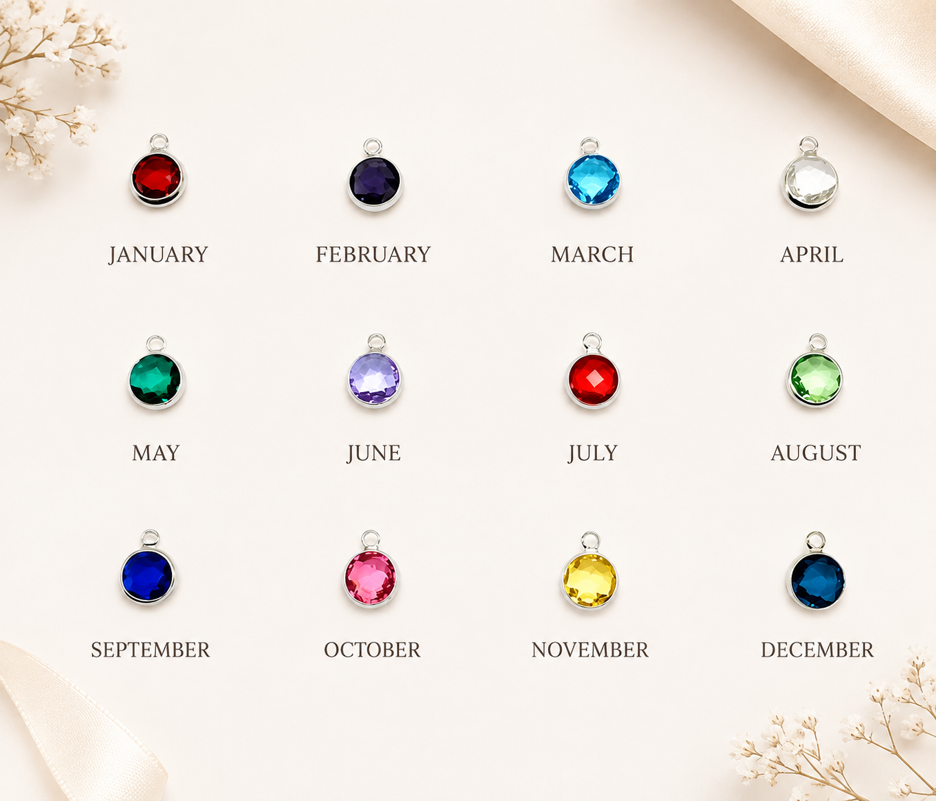 Twelve gemstone pendants arranged in a 3-by-4 grid on a light cream background, each labeled with a month from January to December. The stones include red, dark blue, light blue, clear, green, purple, red, light green, dark blue, pink, yellow, and dark blue.