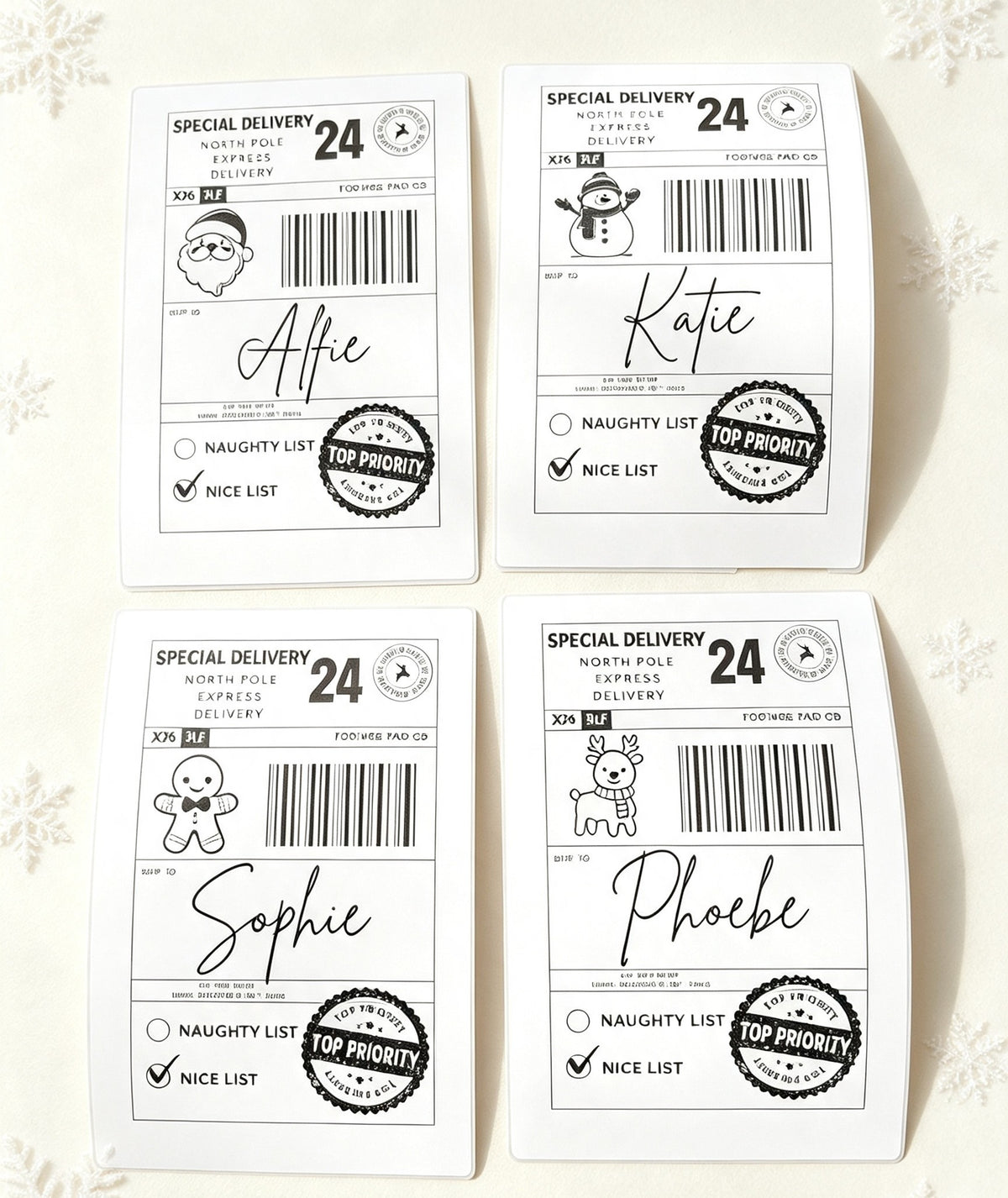 Four personalized shipping label cards arranged in a 2x2 grid on a light textured background. Each card features a white background with black printed text, barcodes, circular stamps, and a handwritten name: Alfie, Katie, Sophie, and Phoebe.