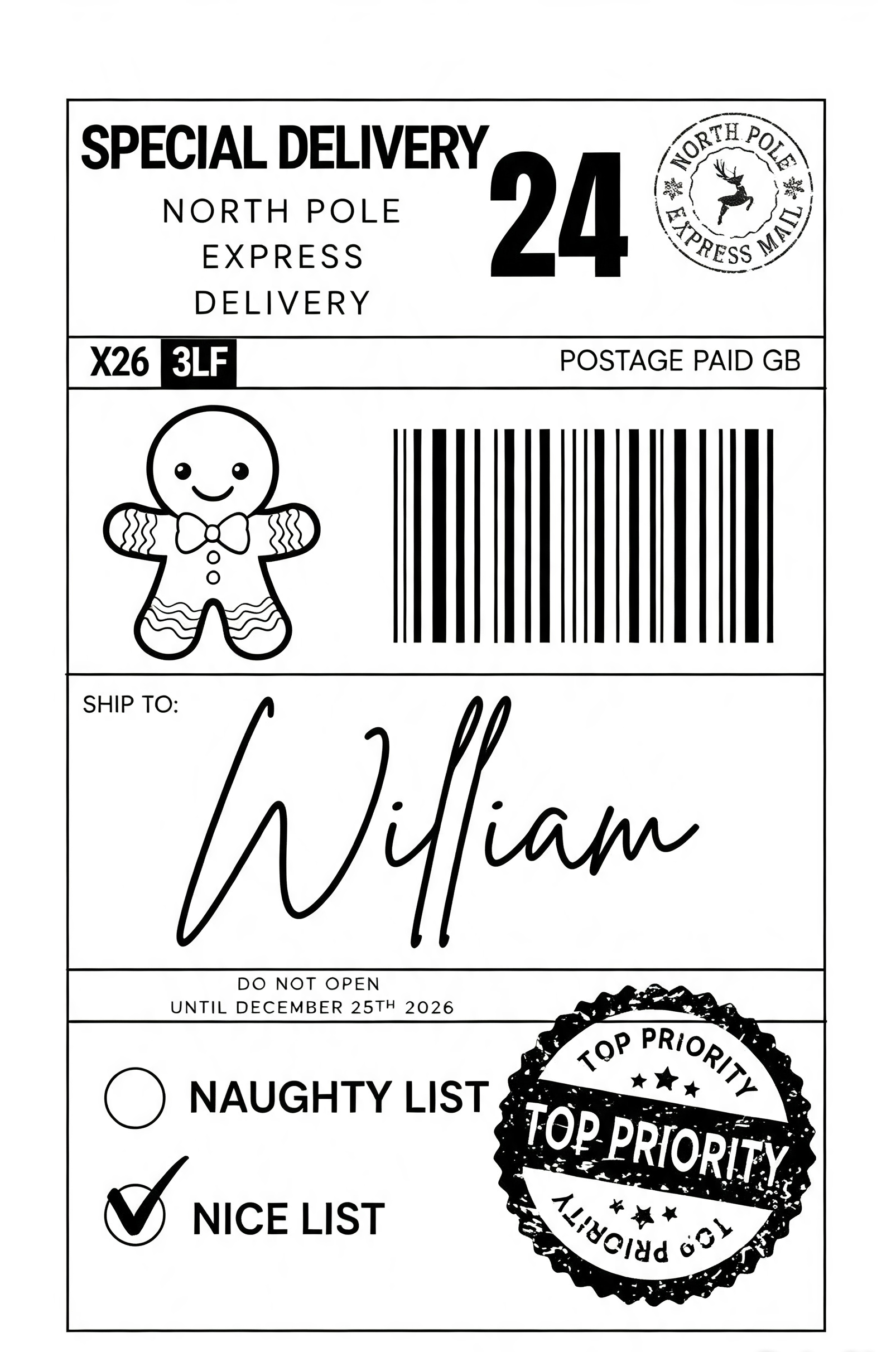 A black and white North Pole Express Delivery shipping label with a large number 24, barcode, handwritten 'William' in cursive, and priority seals including 'Top Priority' and 'Naughty List'.