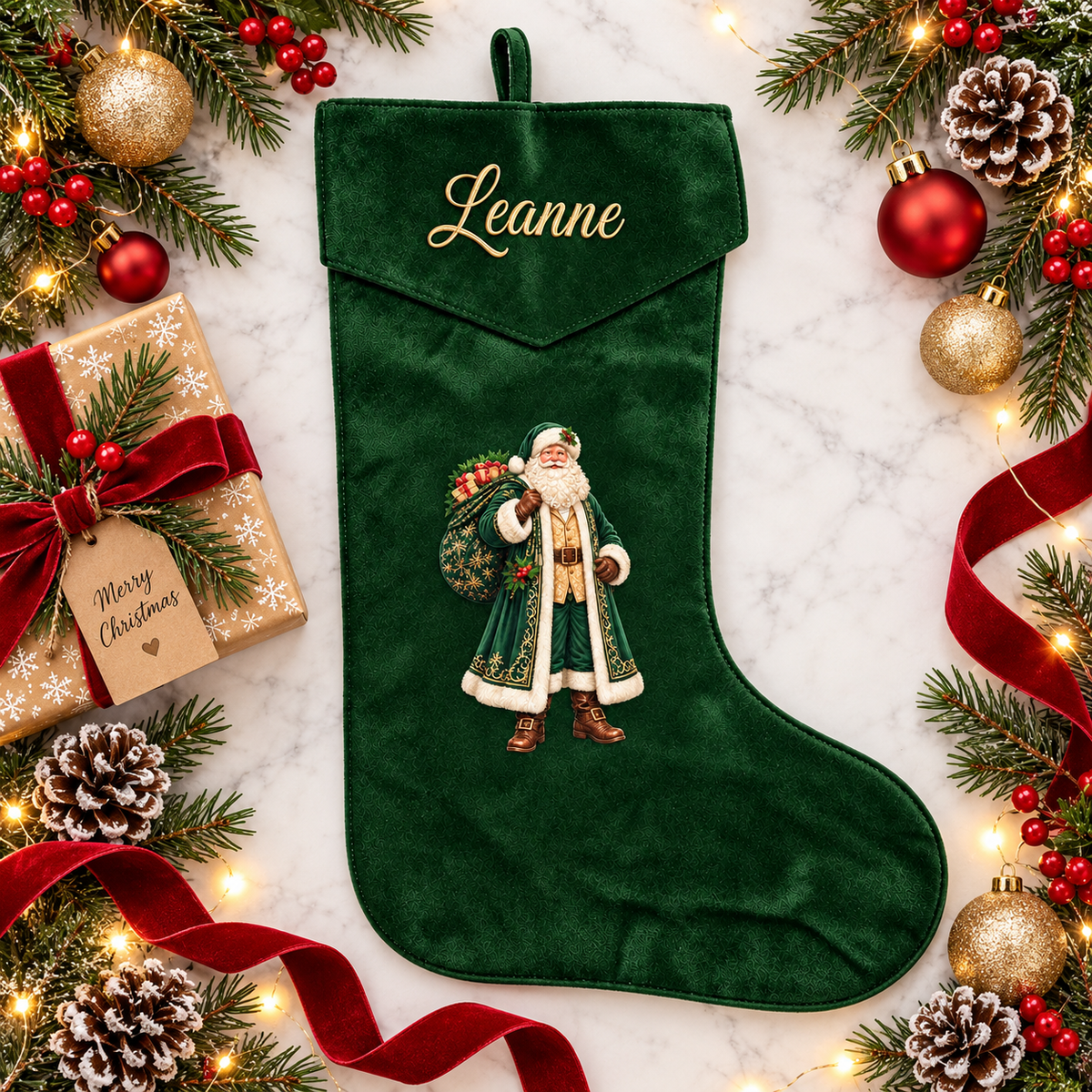 A personalized dark green velvet Christmas stocking with gold embroidered 'Leanne' on the flap and an embroidered Santa Claus figure, styled on a white marble surface with festive greenery, ornaments, and a wrapped gift.
