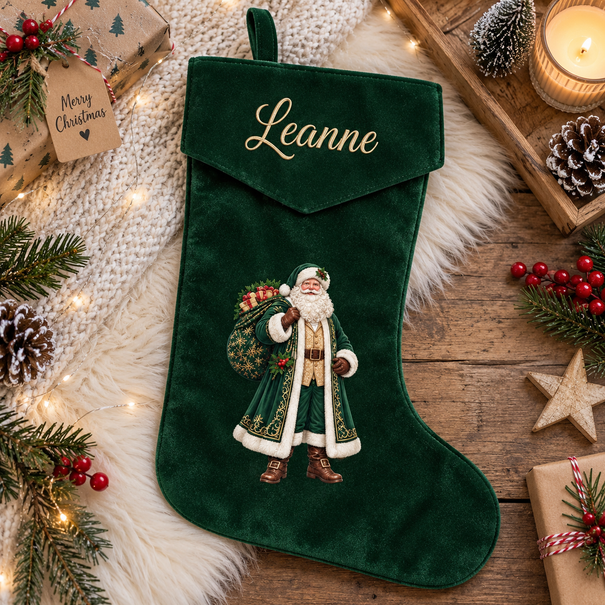 A dark green velvet Christmas stocking with gold cursive 'Leanne' embroidery on the cuff and a printed Santa Claus design on the front, styled on a wooden surface with a white faux-fur rug and holiday decorations.