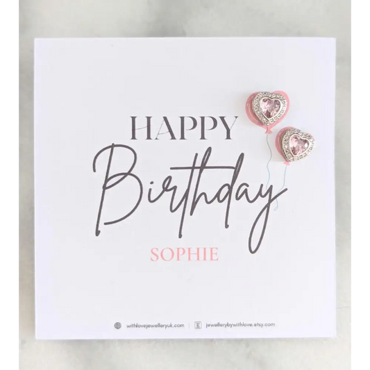 â€™Happy Birthdayâ€™ Pink Crystal Heart Earrings - Earrings
