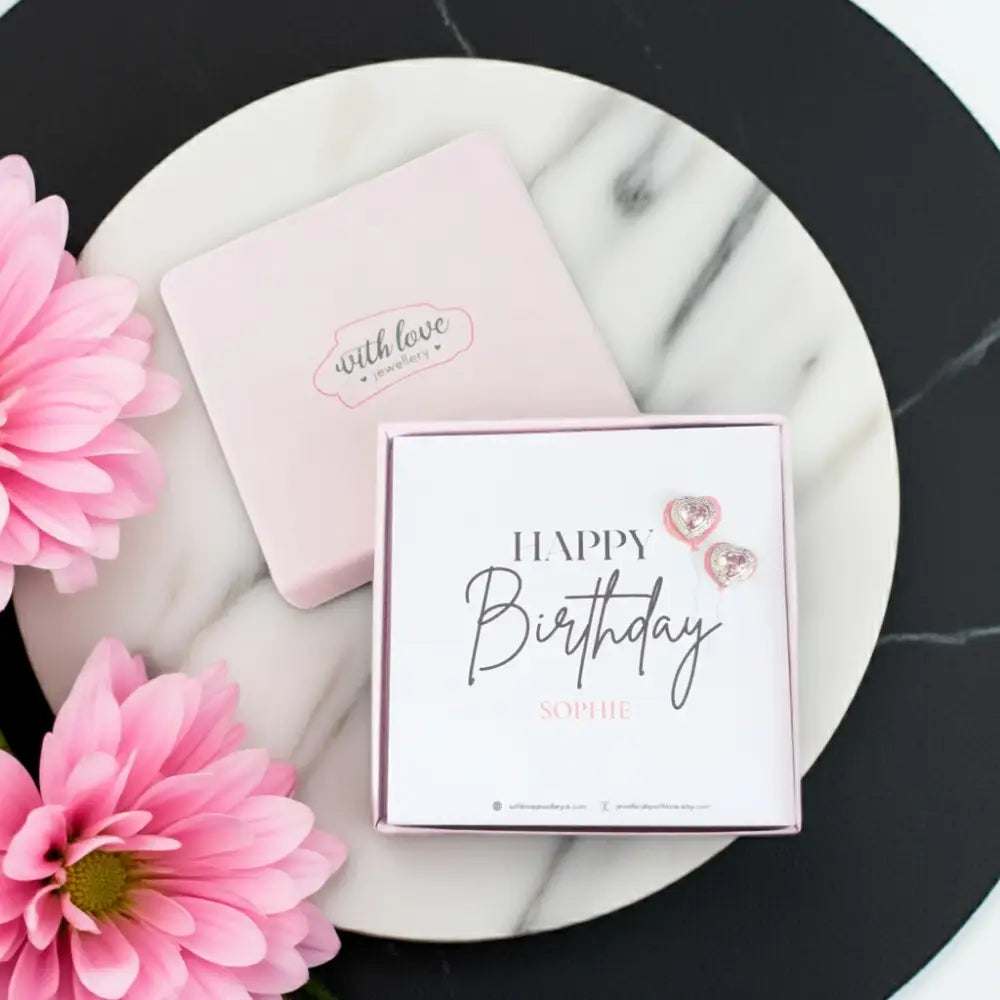 â€™Happy Birthdayâ€™ Pink Crystal Heart Earrings - Earrings