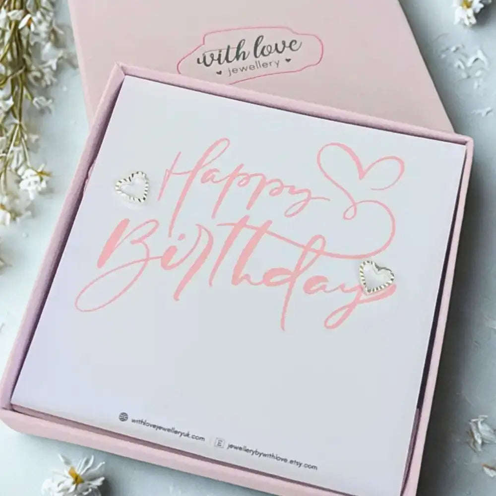 â€™Happy Birthdayâ€™ Sterling Silver Love Heart Stud Earrings Earrings