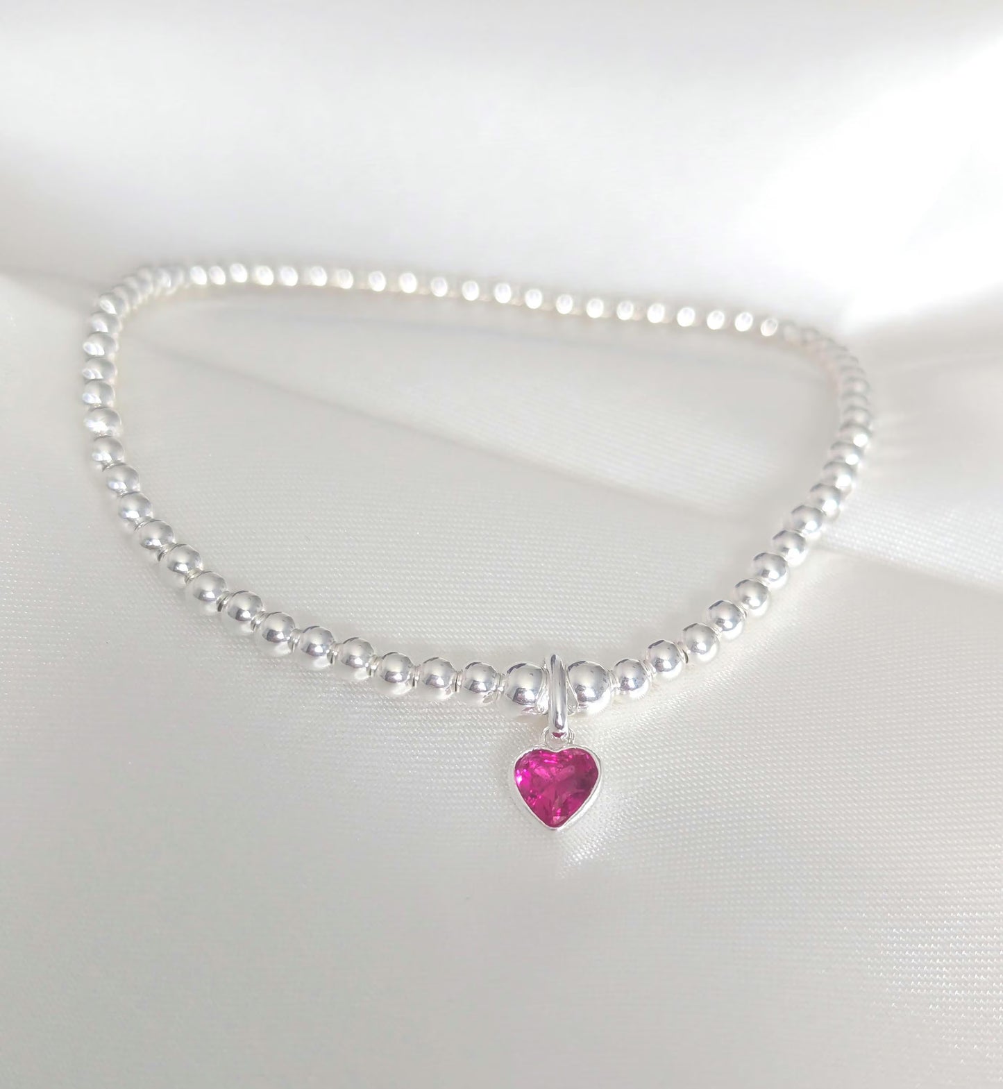 Sterling Silver July Ruby Heart Birthstone Bracelet