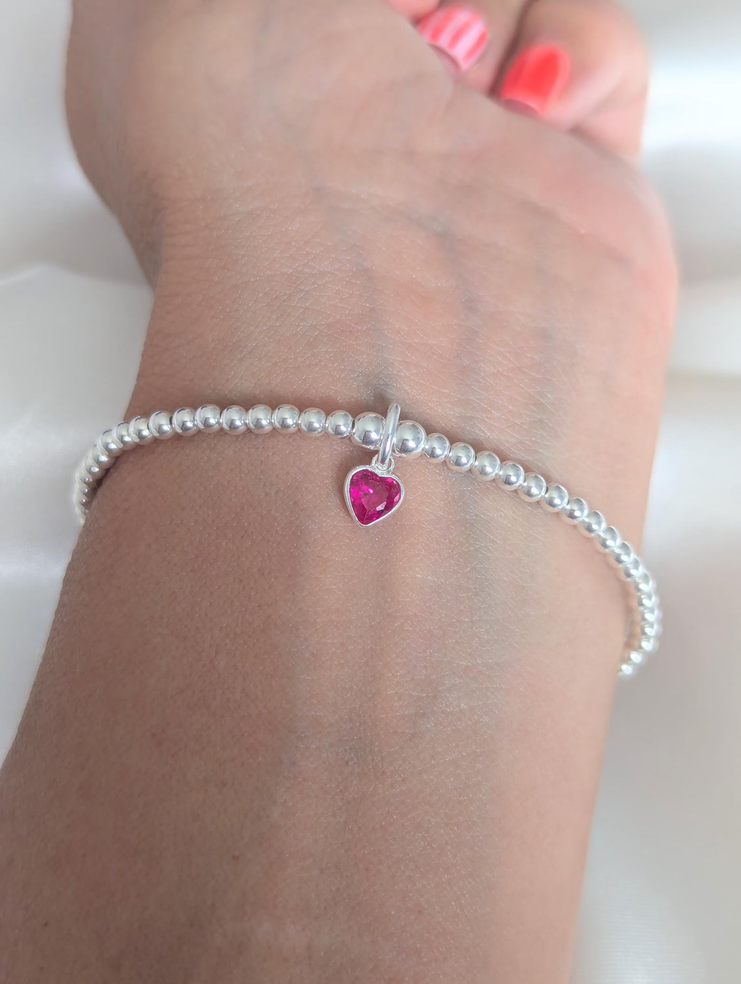 Sterling Silver July Ruby Heart Birthstone Bracelet