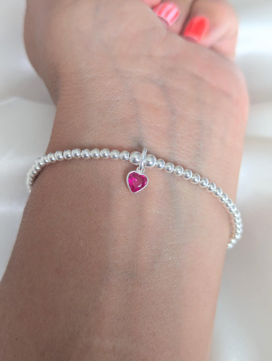 Sterling Silver July Ruby Heart Birthstone Bracelet