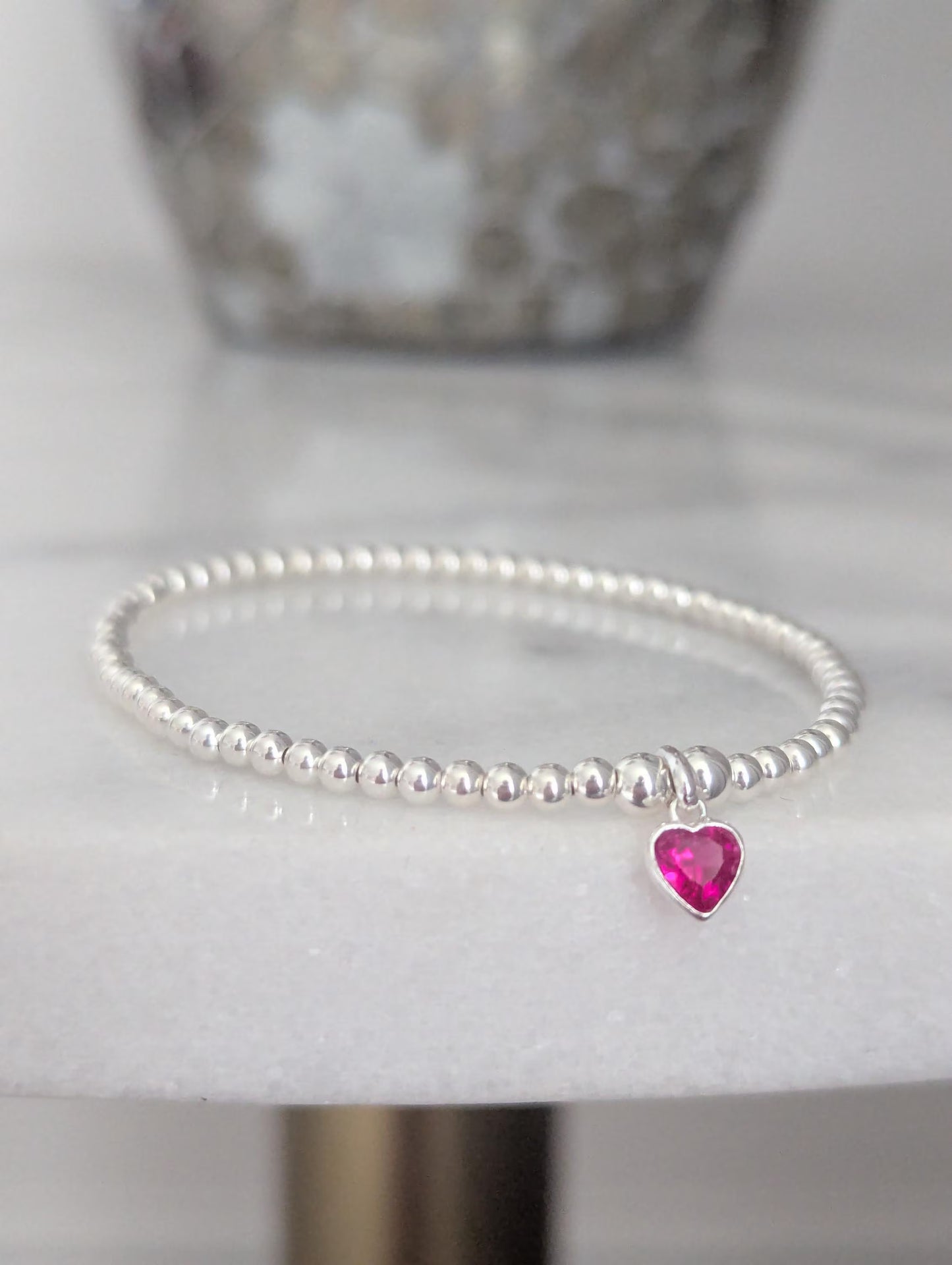 Sterling Silver July Ruby Heart Birthstone Bracelet