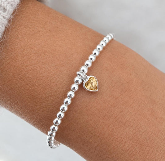 Sterling Silver November Heart Topaz Birthstone Bracelet