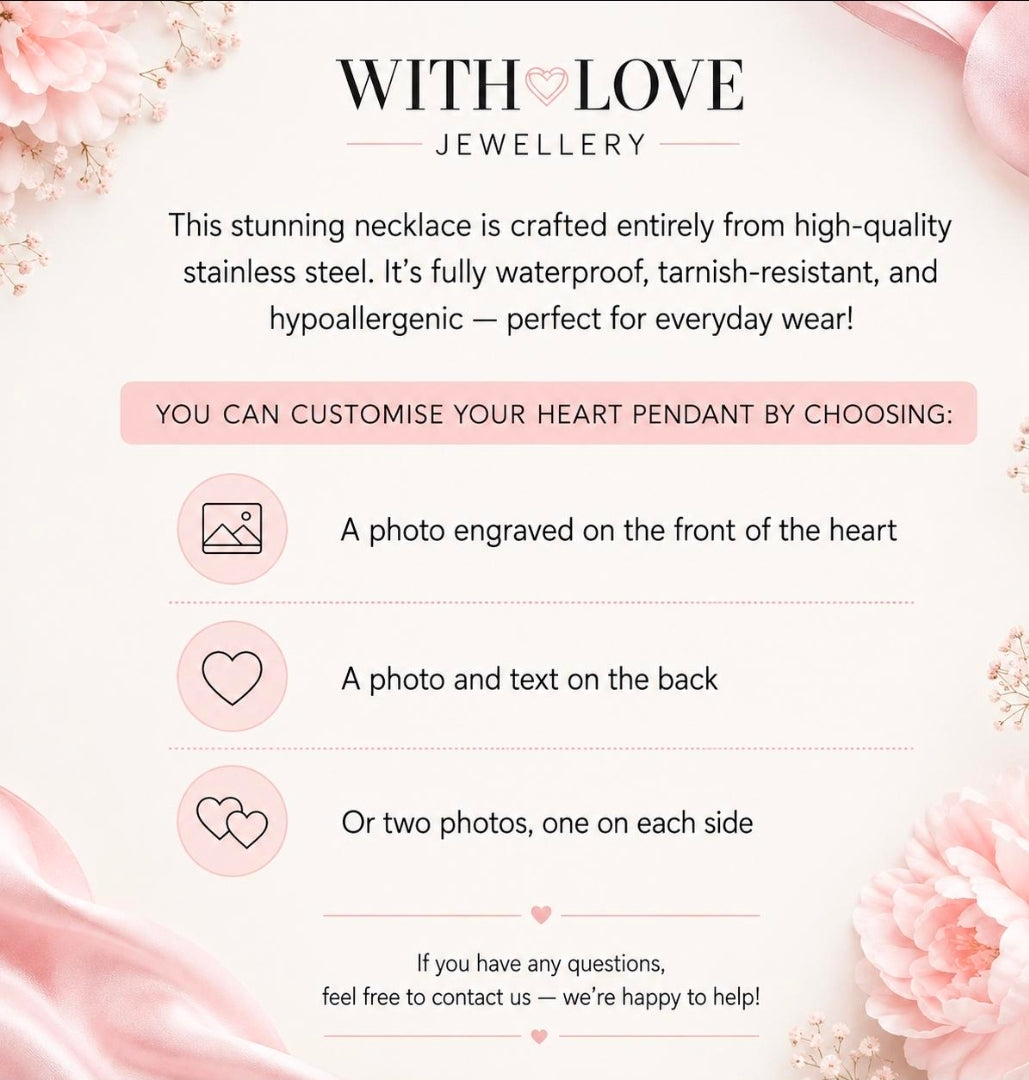 A promotional graphic for a stainless steel heart pendant necklace from With Love Jewellery. The text explains that the necklace is fully customizable with photos and text engraved on the front or back, accompanied by pink floral illustrations and decorative ribbon corners.