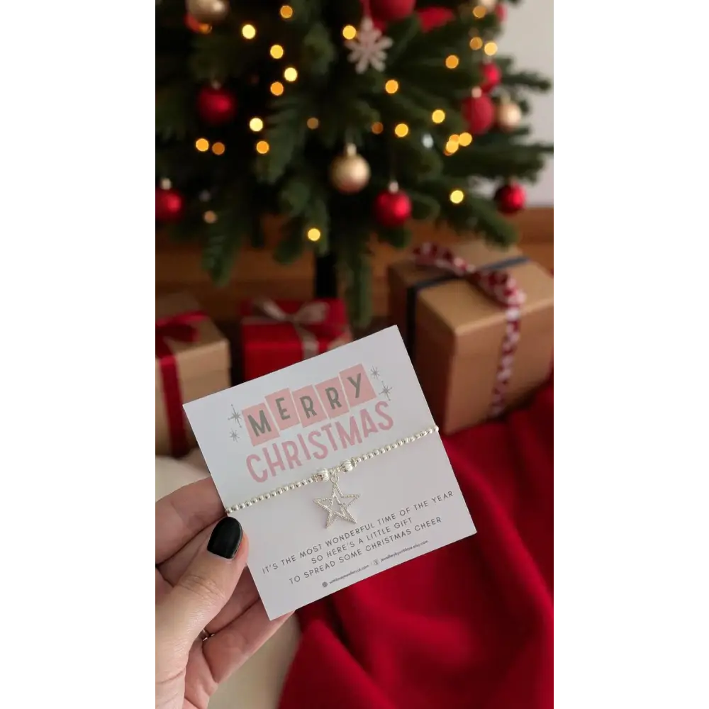 Merry Christmas Silver Beaded Stretch Bracelet - Star - Bracelets