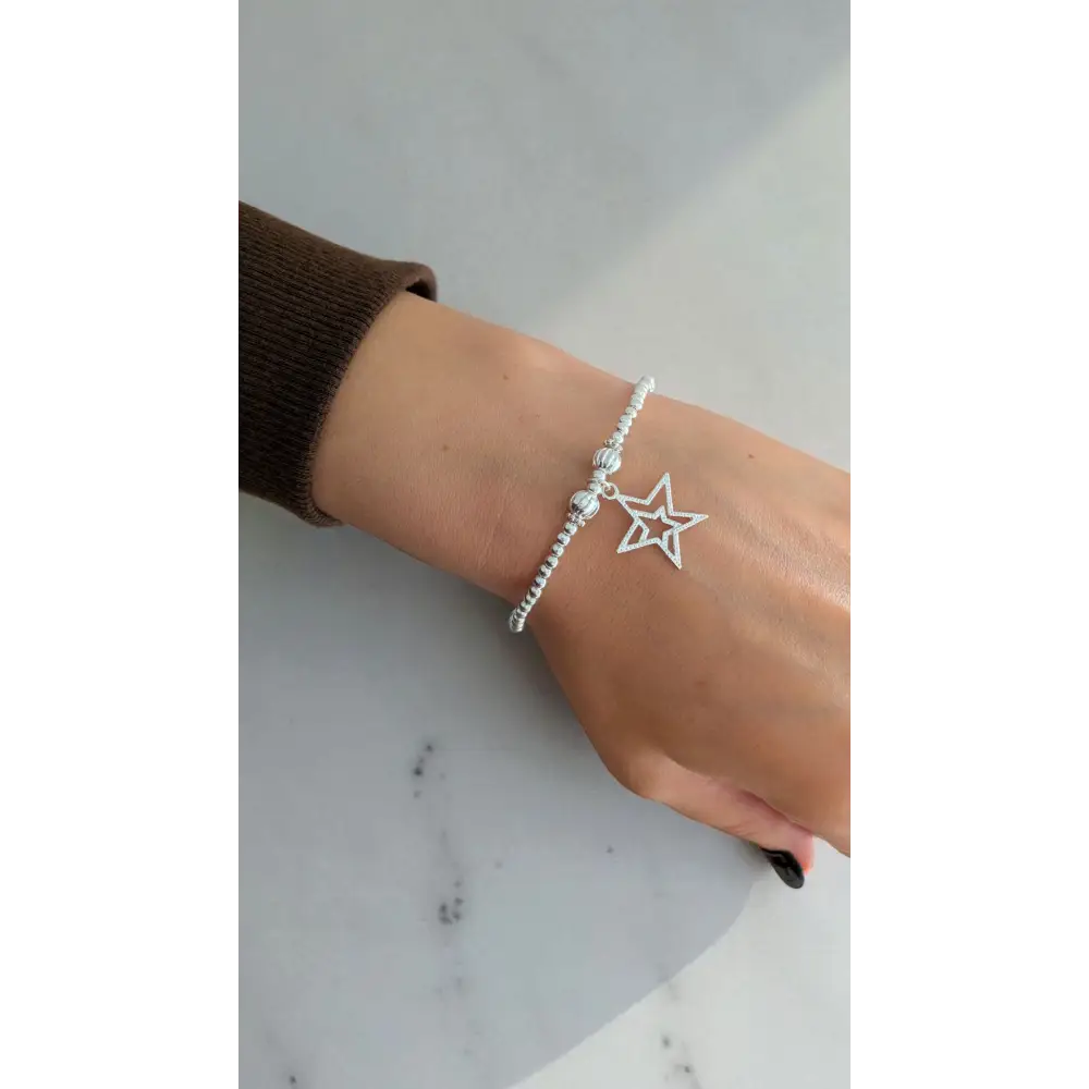 Merry Christmas Silver Beaded Stretch Bracelet - Star - Bracelets