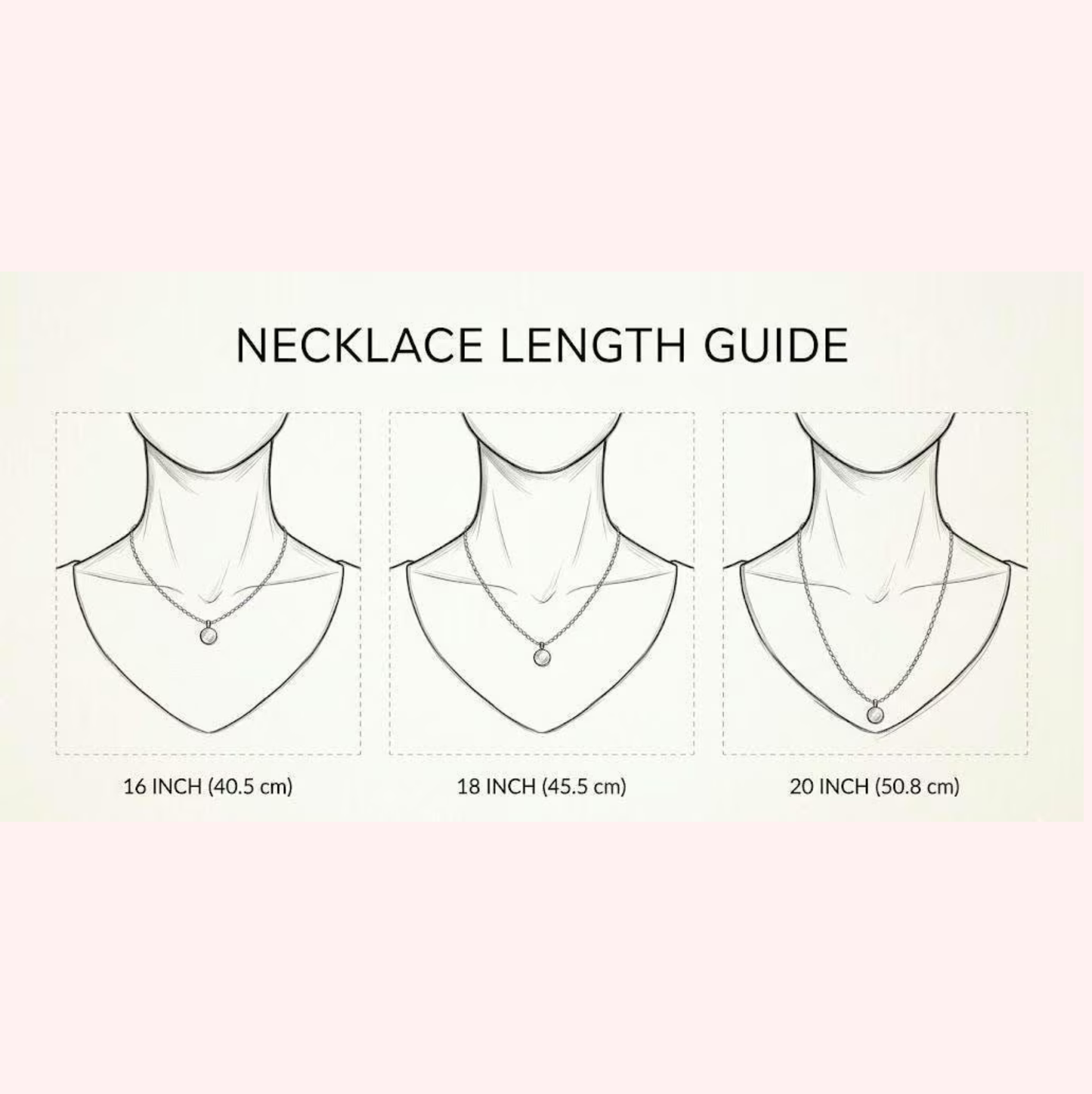 A necklace length guide diagram showing three illustrated necklaces on stylized neck drawings, labeled 16 inch (40.5 cm), 18 inch (45.