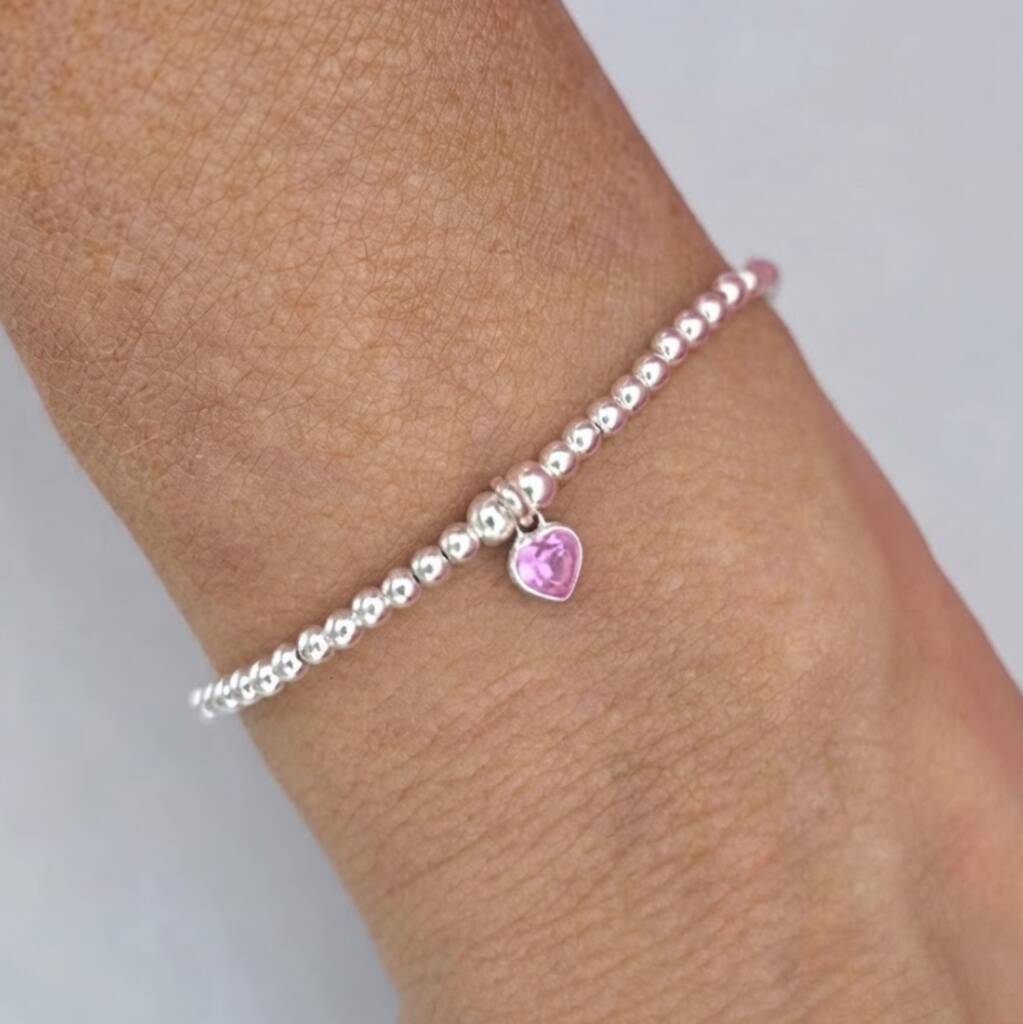 Sterling Silver October Tourmaline Heart Birthstone Bracelet