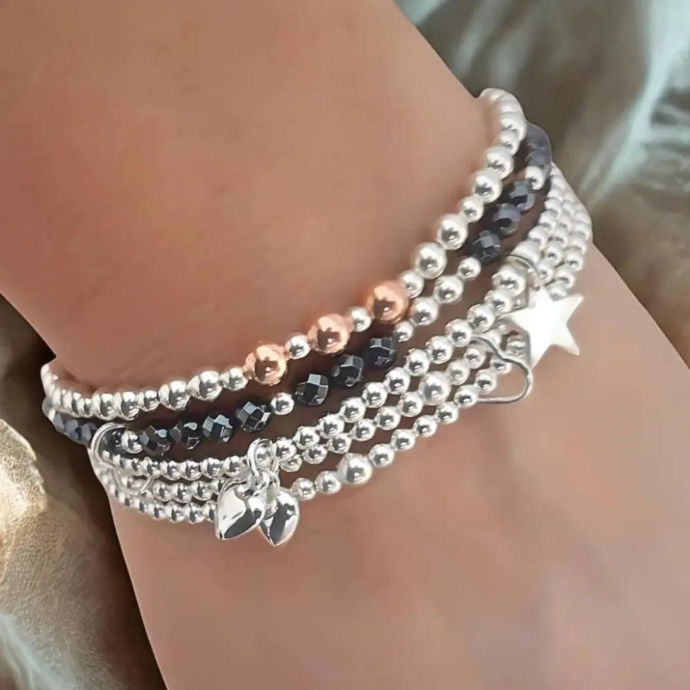 Personalised Sterling Silver and Hematite Five Stack Bracelet Set - Bracelets