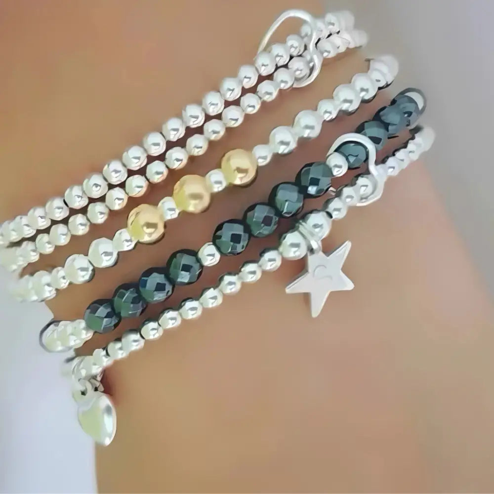 Personalised Sterling Silver and Hematite Five Stack Bracelet Set - Bracelets