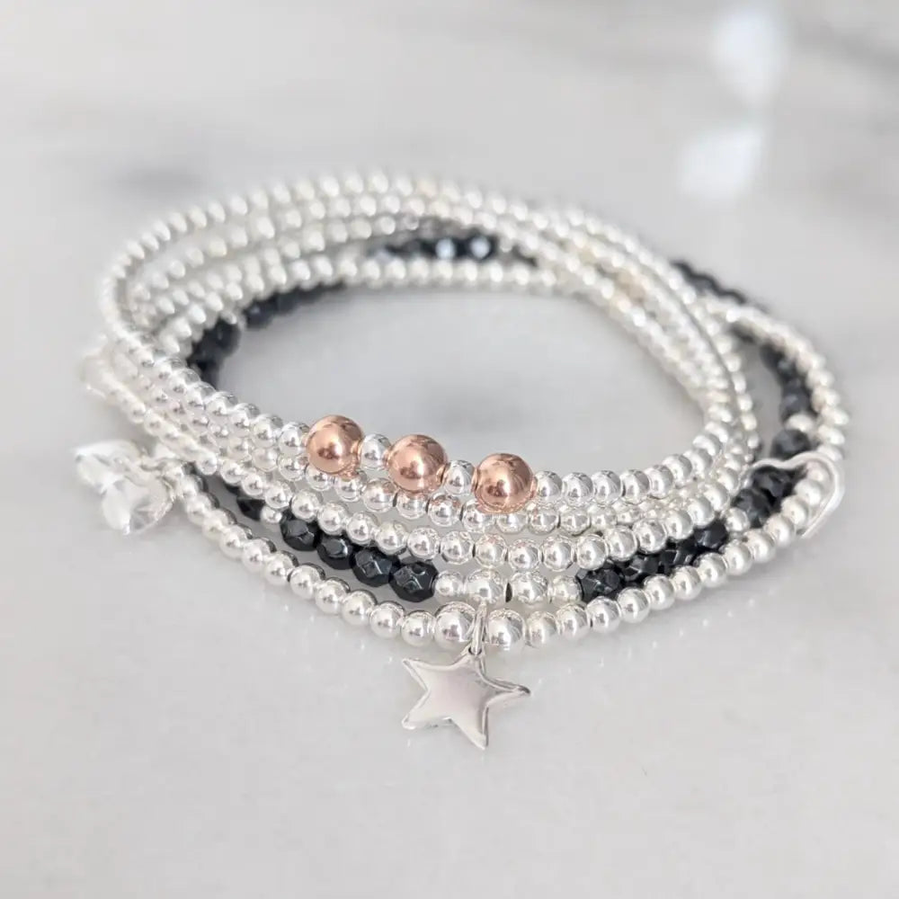 Personalised Sterling Silver and Hematite Five Stack Bracelet Set - Rose Gold Beads - Bracelets