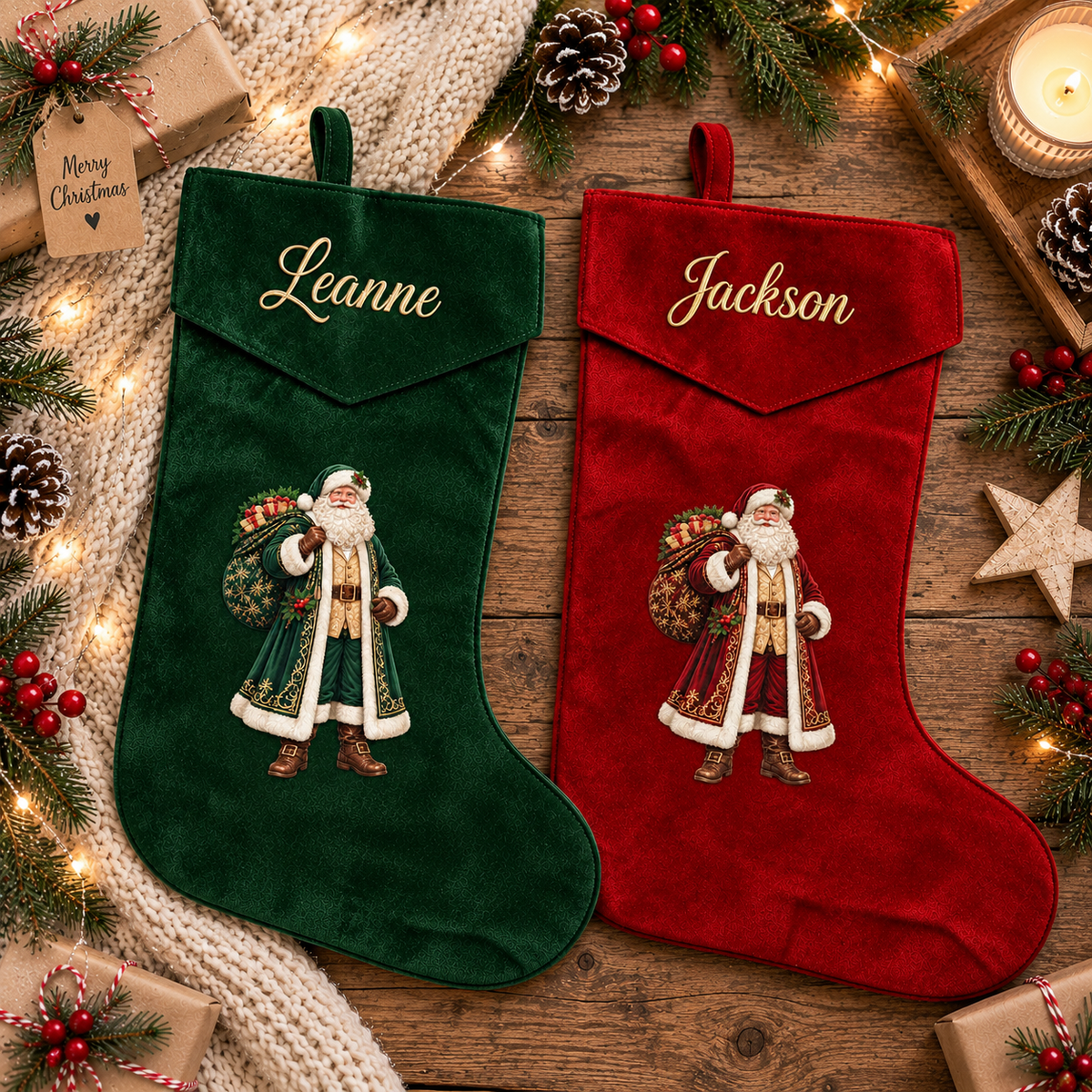 Two personalized Christmas stockings, one dark green velvet with the name 'Leanne' and one red velvet with the name 'Jackson', both featuring embroidered Santa Claus designs. They are displayed on a rustic wooden table surrounded by holiday decorations including pine branches, a knitted blanket, wrapped gifts, and a lit candle.