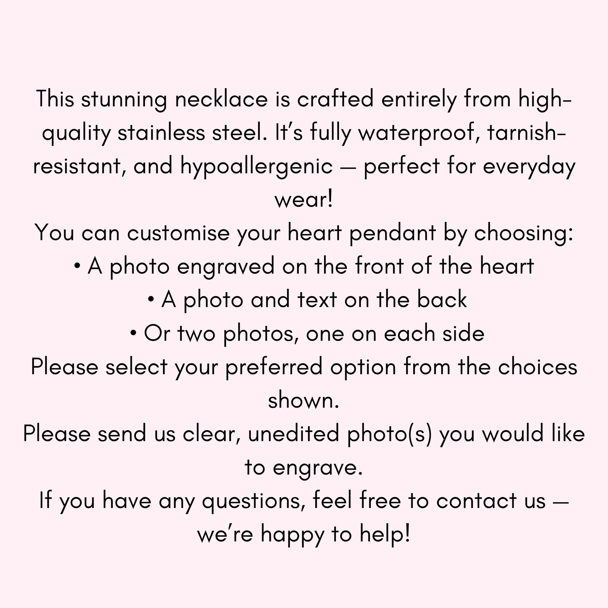 A light pink background with black text describing a stainless steel heart pendant necklace, including customization options for photos and text on the heart.