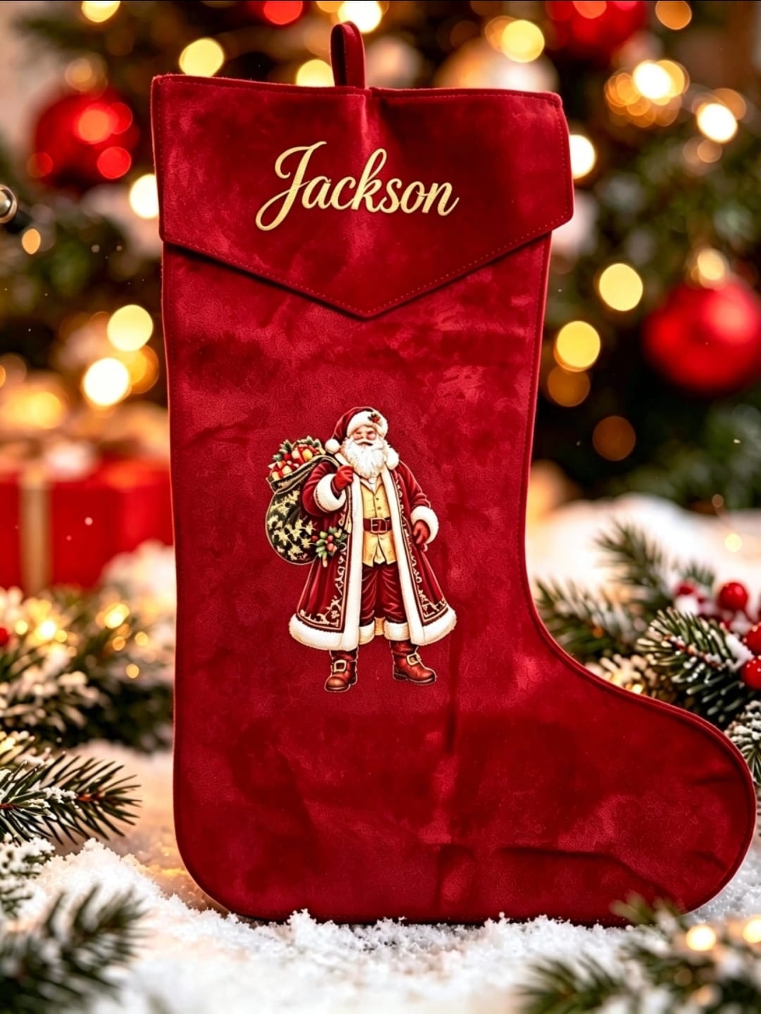 A red velvet Christmas stocking with a personalized name 'Jackson' in gold script and an embroidered Santa Claus graphic, set against a festive blurred holiday background.
