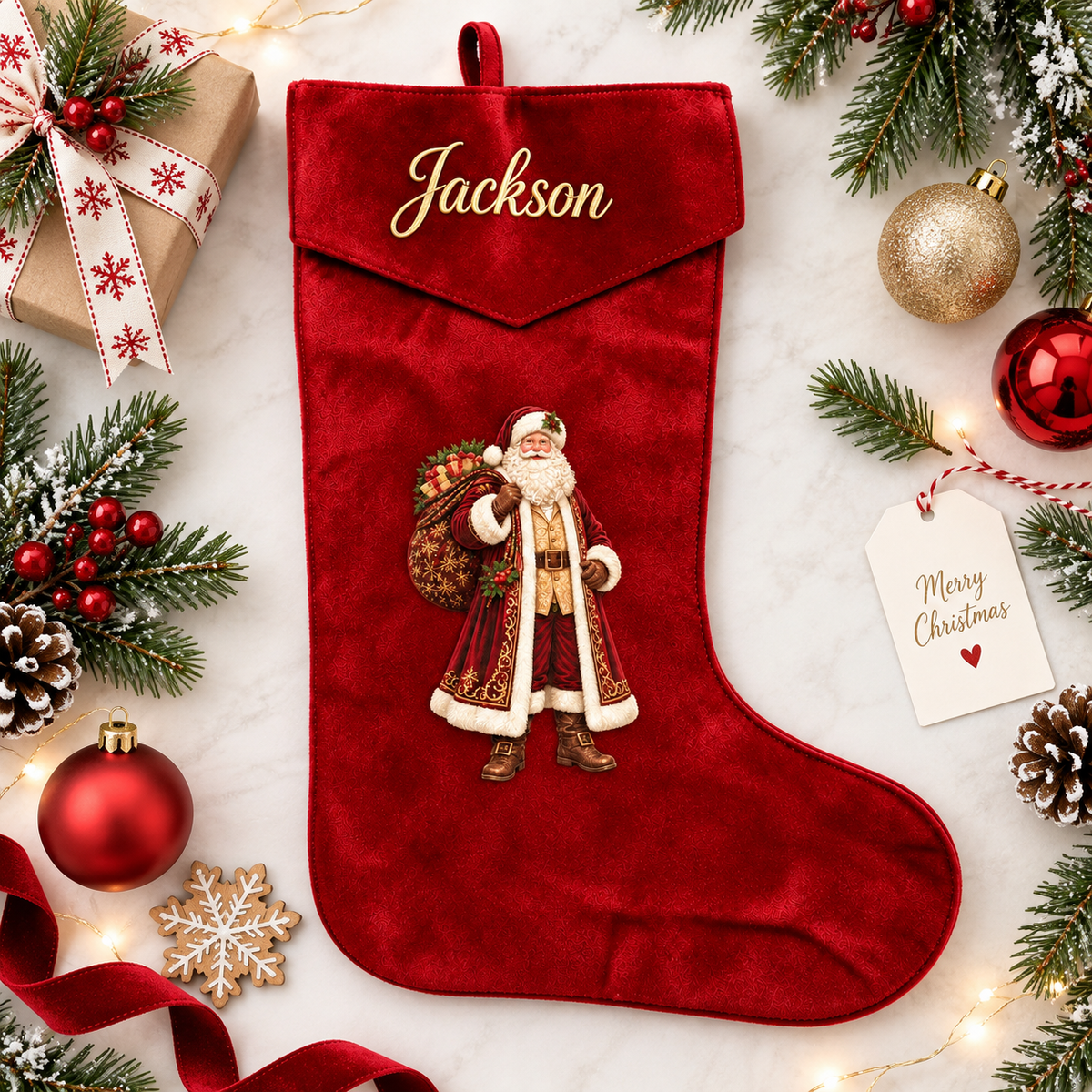 A personalized red velvet Christmas stocking with a gold embroidered 'Jackson' name and a Santa Claus illustration, styled on a white marble surface with holiday decorations including pine branches, ornaments, a gift box, and a 'Merry Christmas' tag.