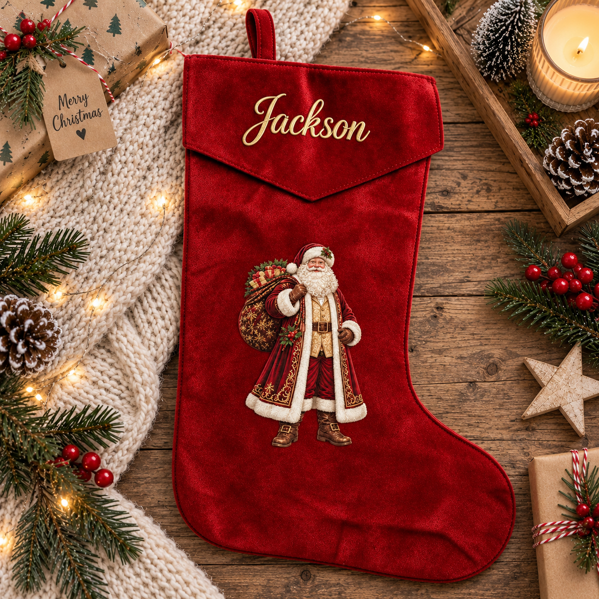 A personalized red velvet Christmas stocking with an embroidered Santa Claus and the name 'Jackson' in gold, styled on a rustic wooden table with holiday decorations.