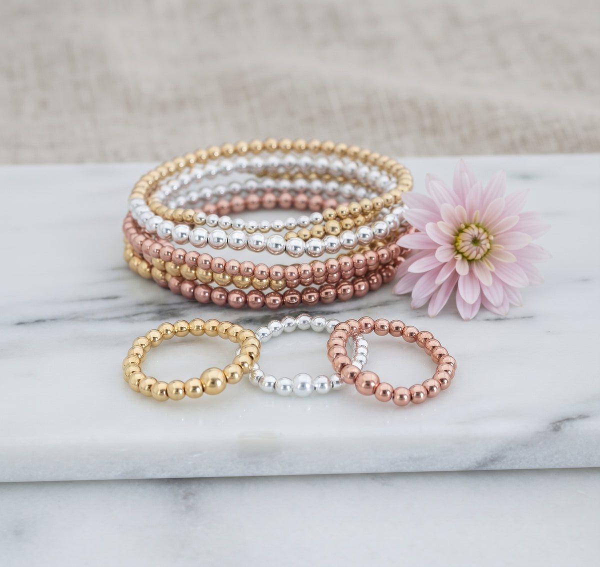 Sterling Silver, Gold or Rose Gold Beaded Stretch Ring