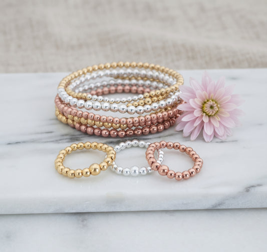 Sterling Silver, Gold or Rose Gold Beaded Stretch Ring