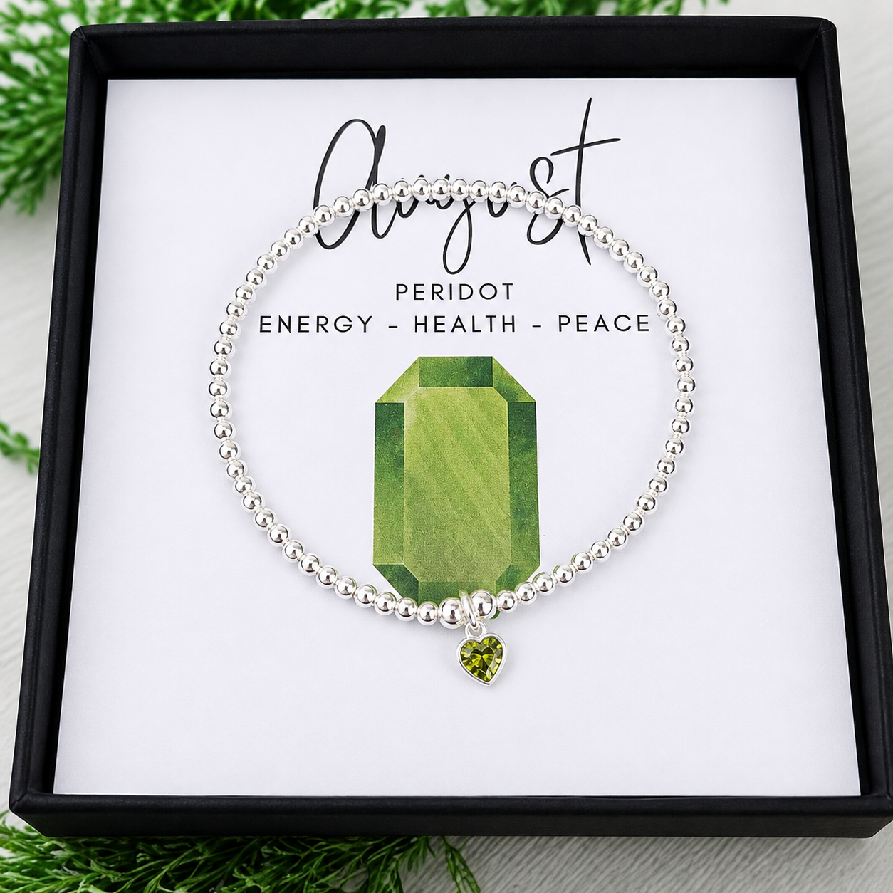 Sterling Silver August Peridot Heart Birthstone Beaded Bracelet