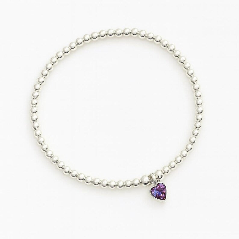 Sterling Silver February Heart Birthstone Bracelet (Amethyst)