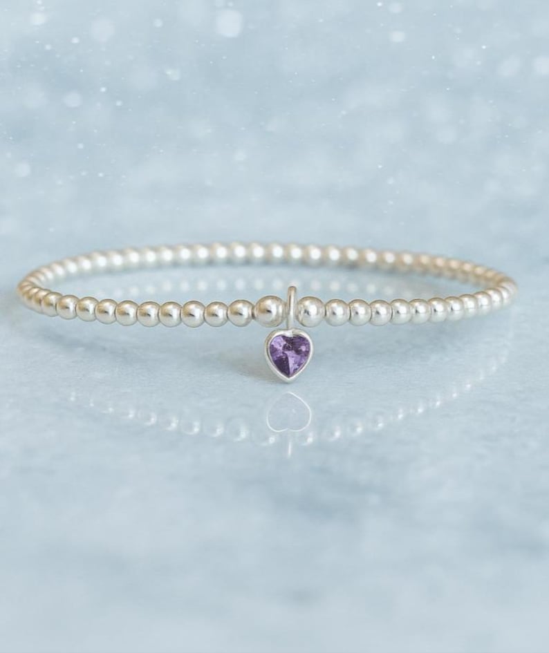 Sterling Silver February Heart Birthstone Bracelet (Amethyst)