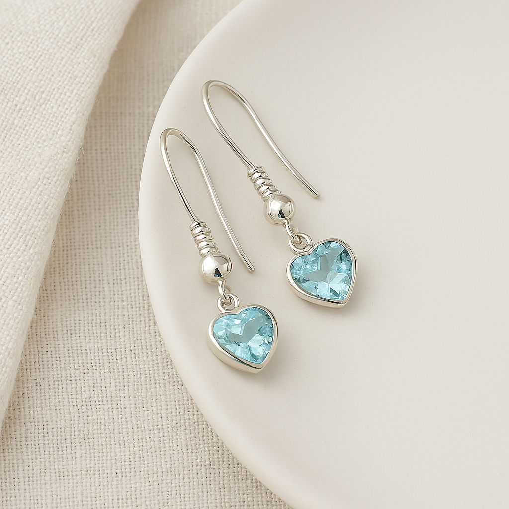 Sterling Silver March Aquamarine Heart Bracelet/Earrings
