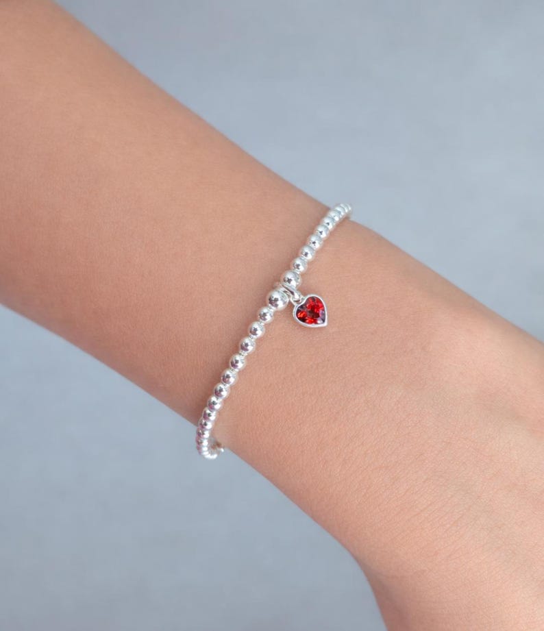 Sterling Silver January Heart Birthstone Bracelet (Garnet)