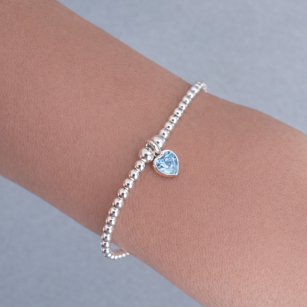 Sterling Silver March Aquamarine Heart Bracelet/Earrings