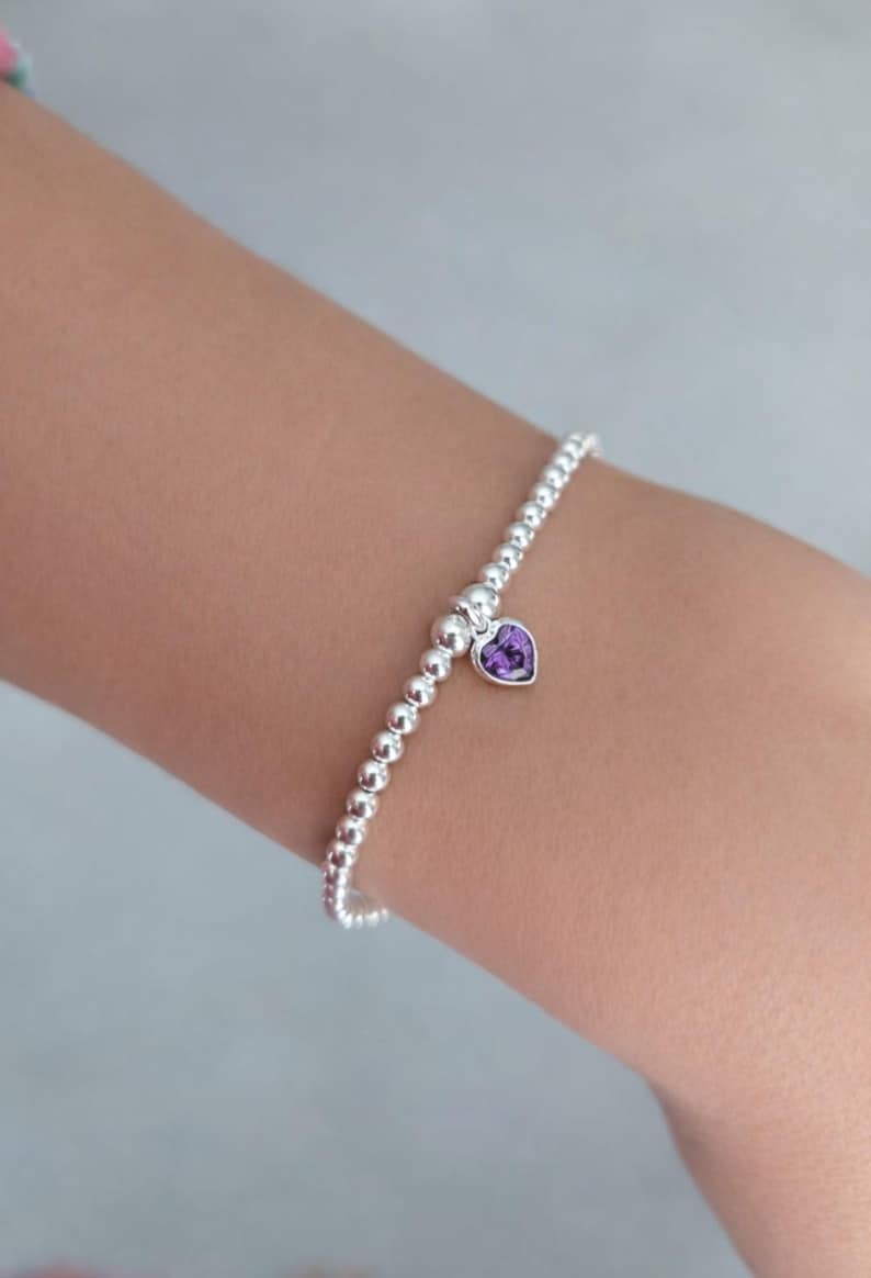 Sterling Silver February Heart Birthstone Bracelet (Amethyst)