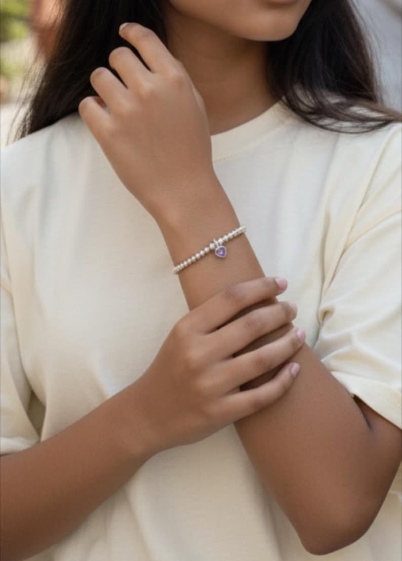 Sterling Silver February Heart Birthstone Bracelet (Amethyst)