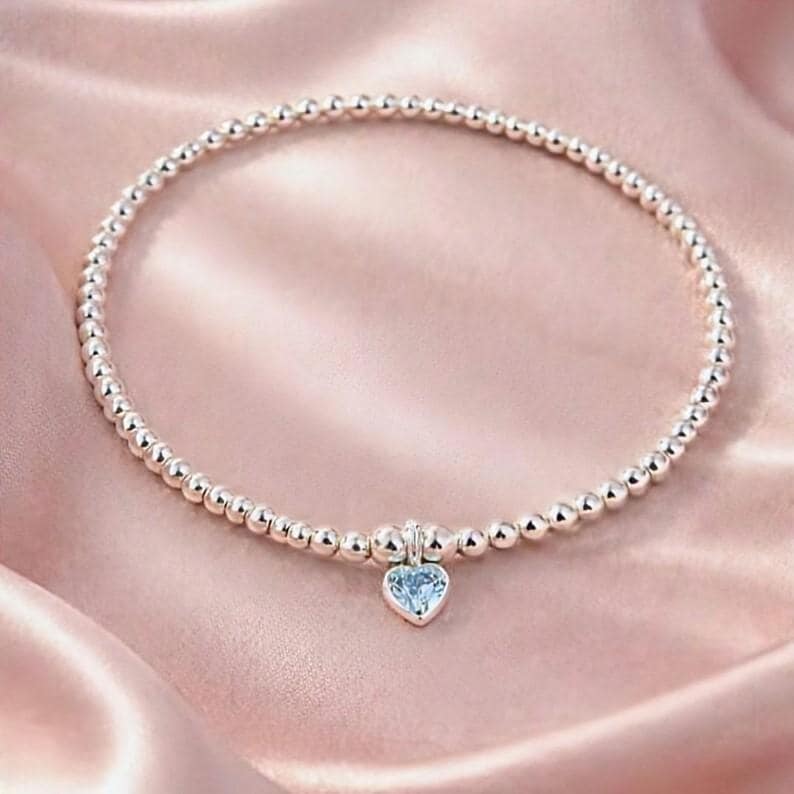 Sterling Silver March Aquamarine Heart Bracelet/Earrings