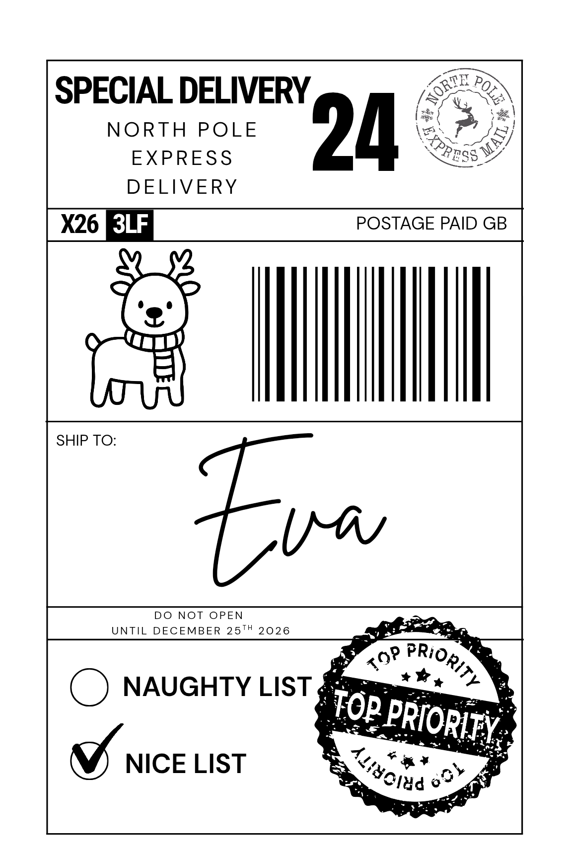 A black and white North Pole Express Delivery shipping label with a Christmas reindeer illustration, barcode, recipient name 'Eva' in script, and priority stamps.