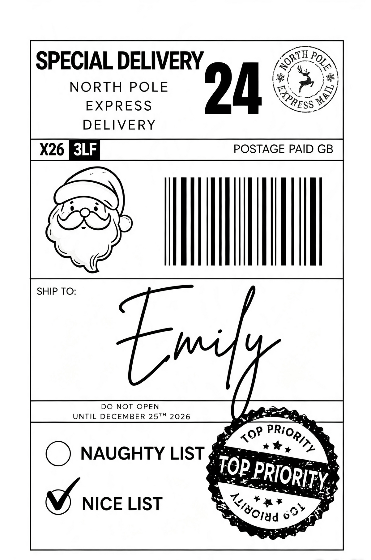 A black and white shipping label template with 'SPECIAL DELIVERY' text, a large '24', a barcode, a Santa Claus illustration, the name 'Emily' in script, and priority seals including 'TOP PRIORITY'.