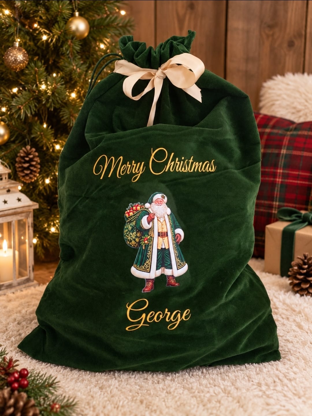 Personalised green velvet Christmas sack with gold lettering, Santa design and custom name, perfect for Christmas gifts.