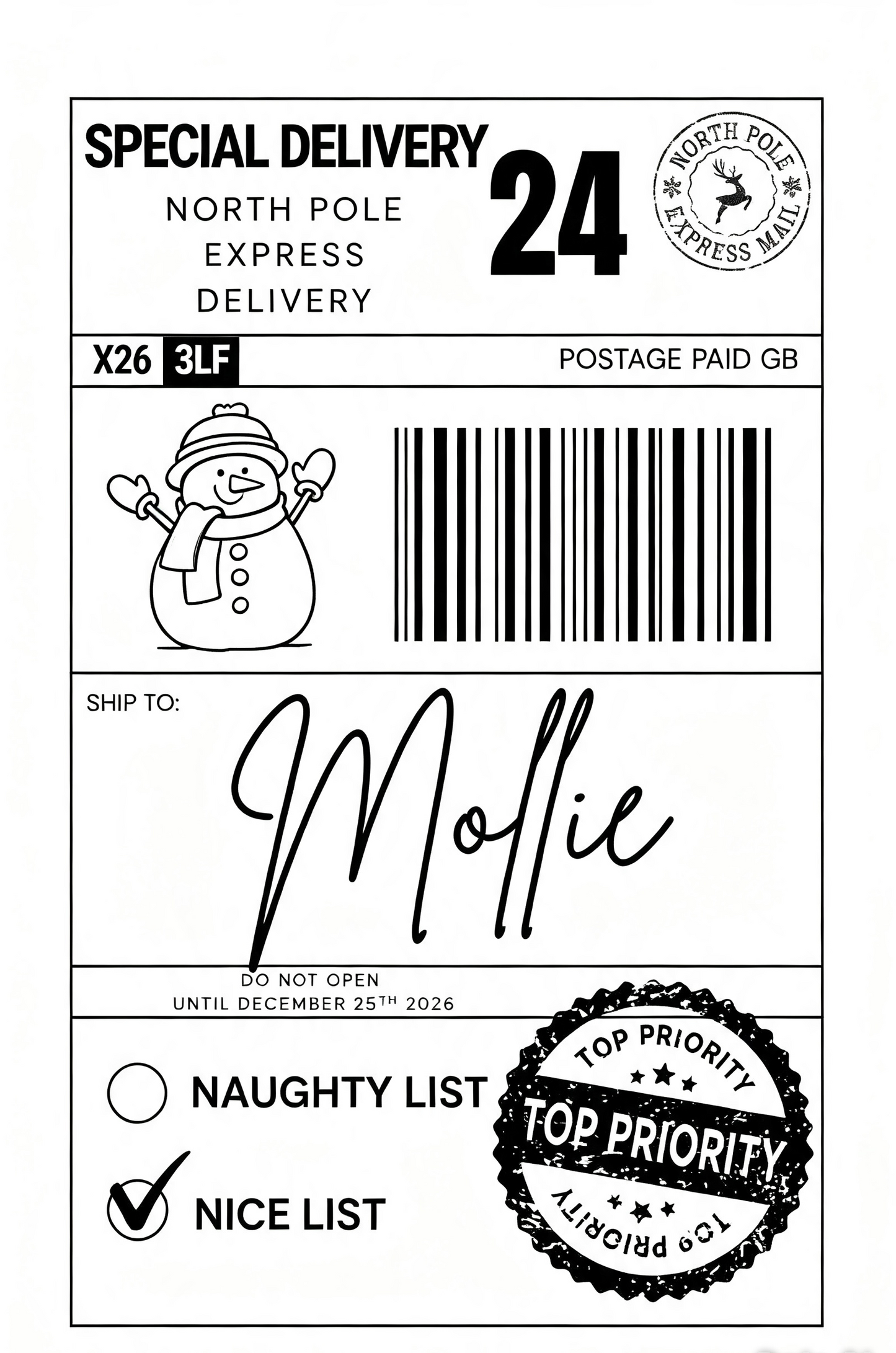A flat black-and-white illustration of a North Pole Express Delivery shipping label with a large handwritten-style name reading 'Mollie,' a barcode, a snowman icon, priority seal, and list checkboxes.
