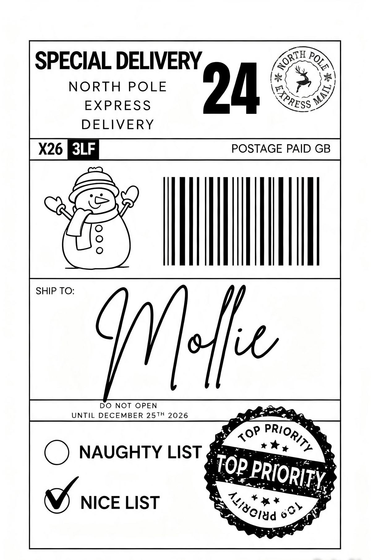 A flat black-and-white illustration of a North Pole Express Delivery shipping label with a large handwritten-style name reading 'Mollie,' a barcode, a snowman icon, priority seal, and list checkboxes.