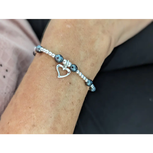 Sterling Silver and Hematite Heart Bracelet With Love Jewellery UK