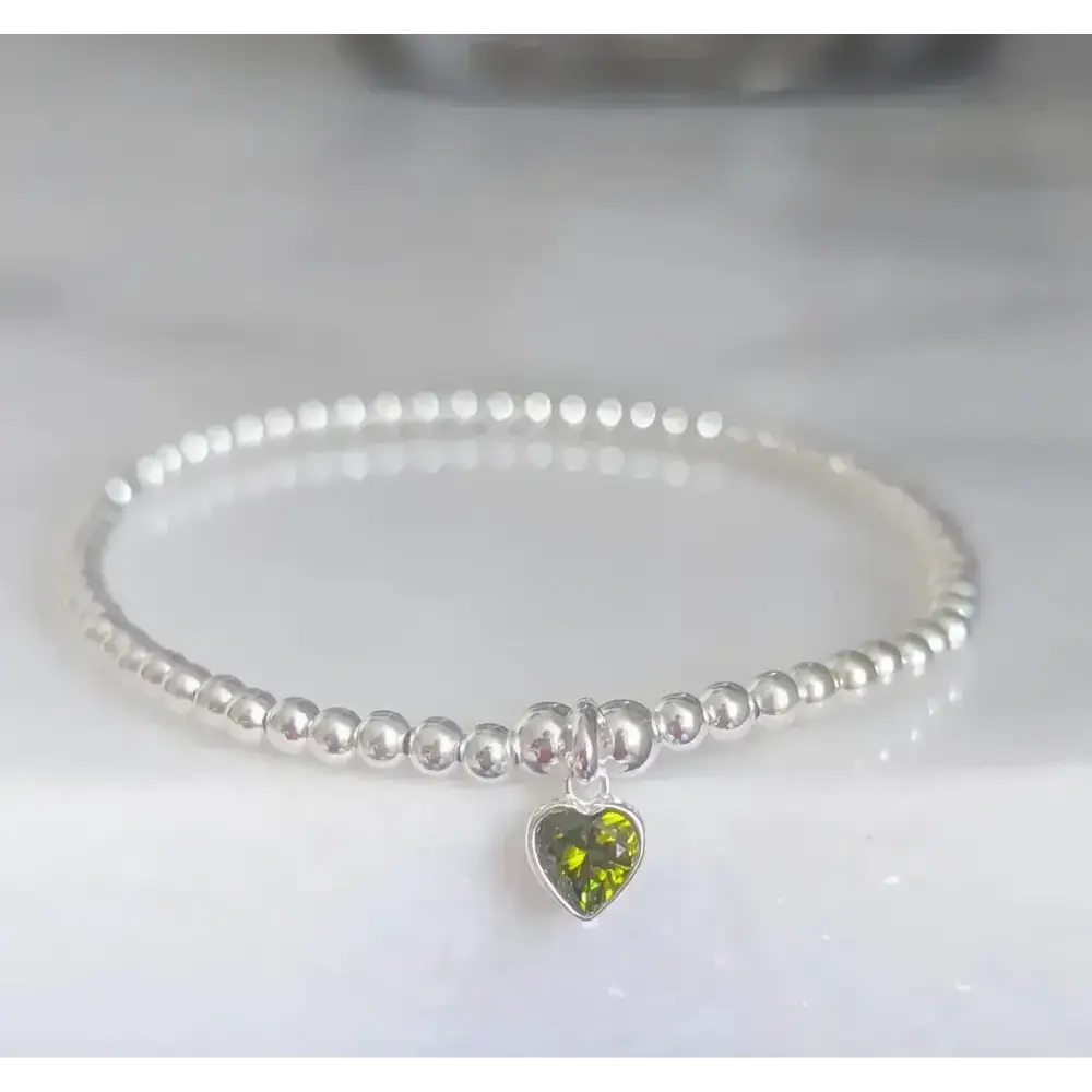 Sterling Silver August Peridot Heart Birthstone Beaded Bracelet