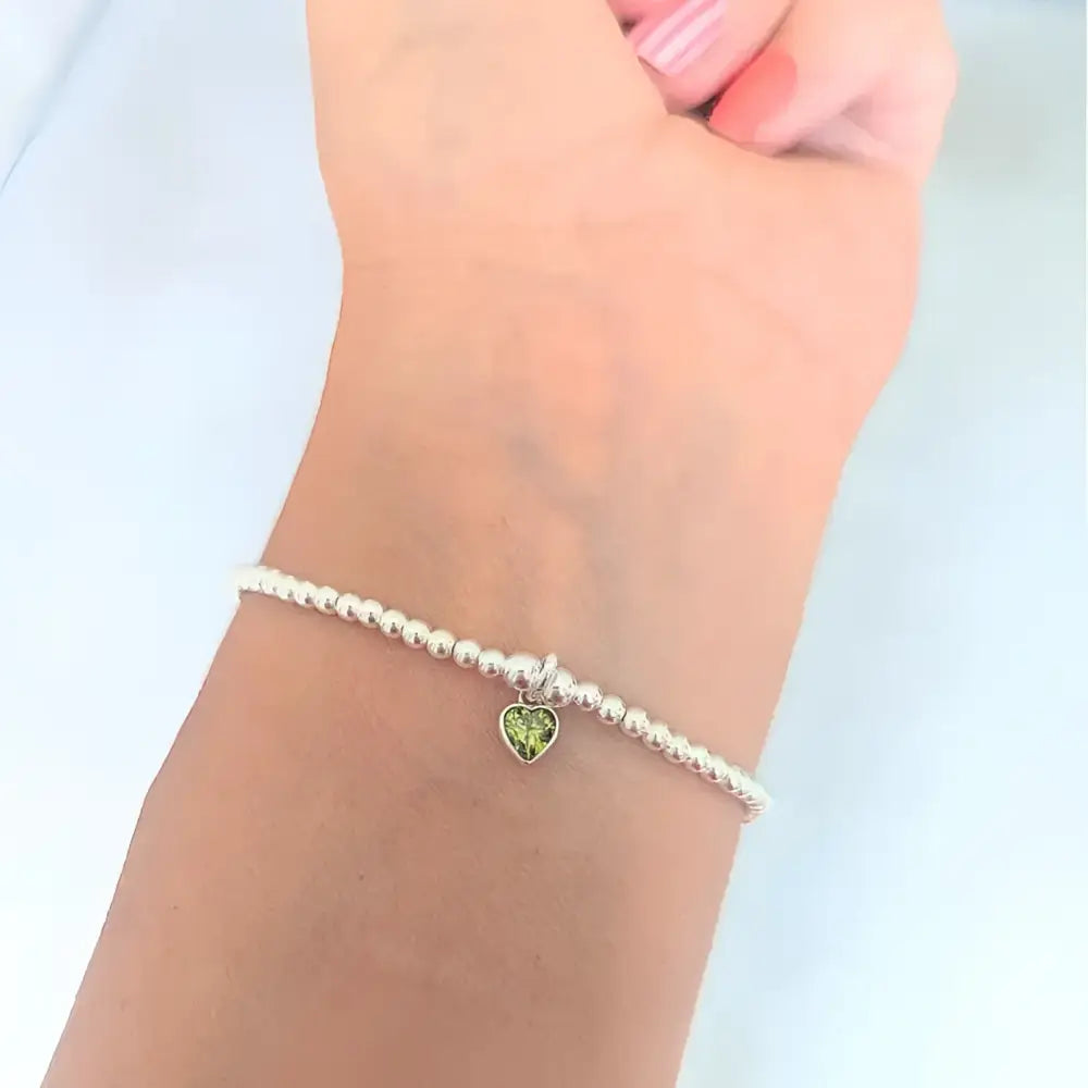 Sterling Silver August Peridot Heart Birthstone Beaded Bracelet